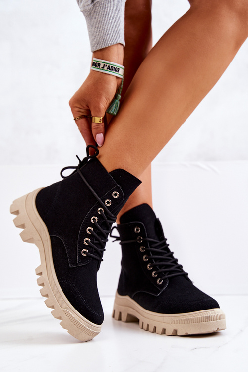 Zamszowe Botki Trapery Wiązane Czarne Hurricane