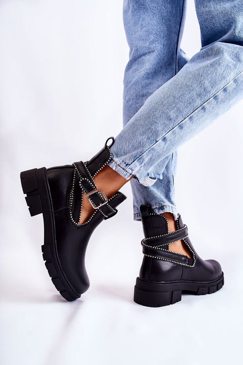 Damskie Skórzane Botki Z Ćwiekami Czarne Clares