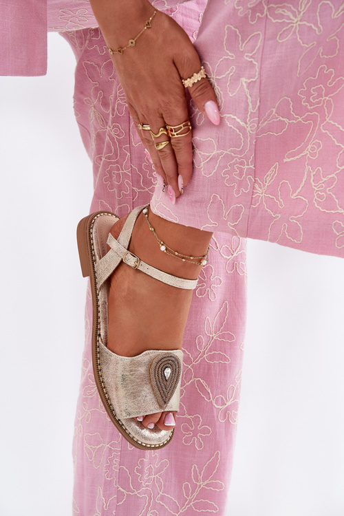 Damskie Sandały Na Płaskim Obcasie Z Ozdobą S.Barski KV51-098 Złote