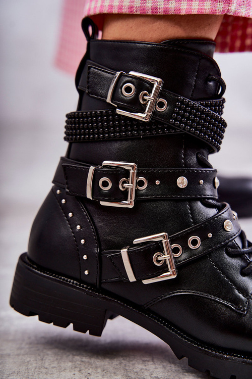 Damskie Skórzane Botki Z Ozdobnymi Paskami Czarne Russo