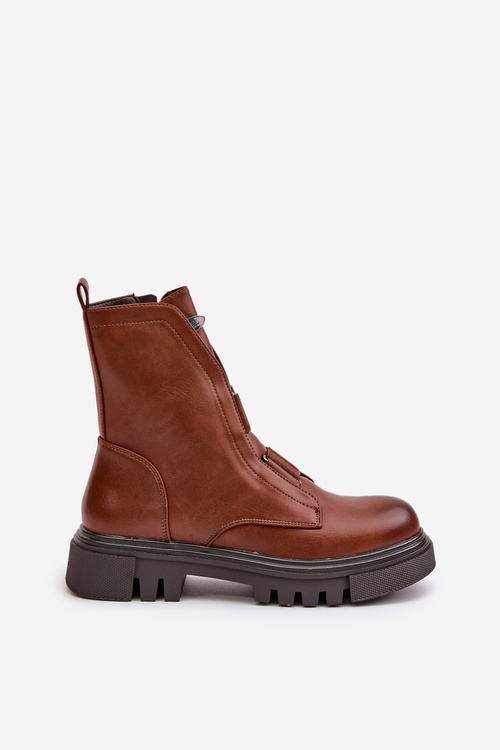 Ocieplane Botki Workery Damskie Na Zamek Eko Skórzane Brązowe Mailyra