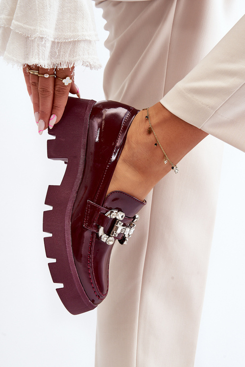 Damskie Lakierowane Mokasyny Z Ozdobą Bordowe Arsaba