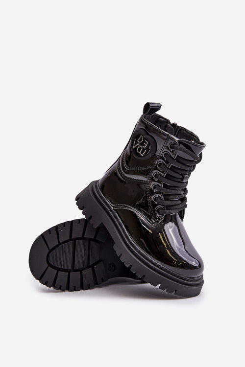 Lakierowane Botki Dziewczęce Ocieplane Futerkiem Na Zamek Czarne Evaliraea