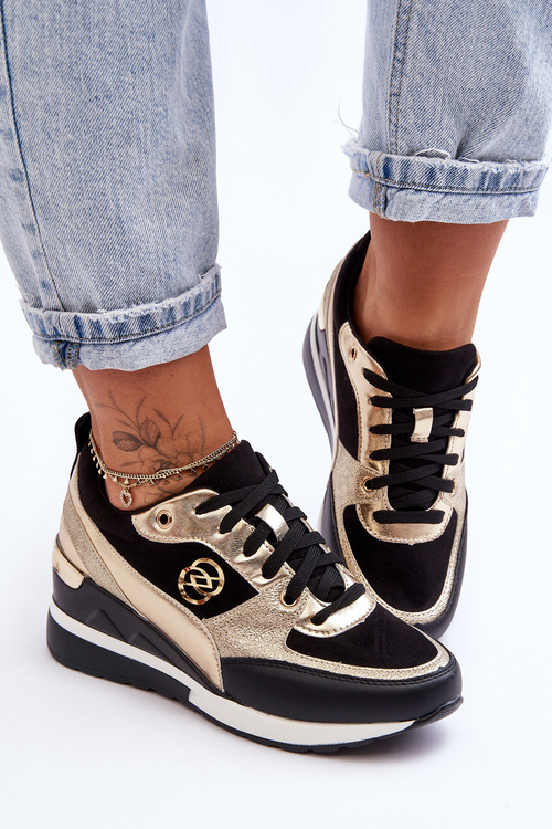 Damskie Sznurowane Buty Sportowe Na Koturnie Czarno-Złote Genova