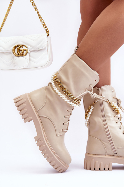 Skórzane Wysokie Workery Z Łańcuszkiem Beżowe Nameer