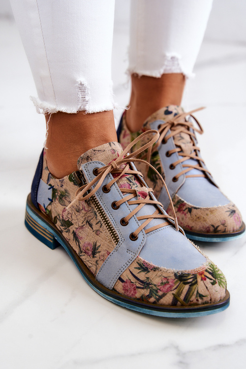 Damskie Skórzane Półbuty W Kwiaty Maciejka 5096A-34 Niebieskie