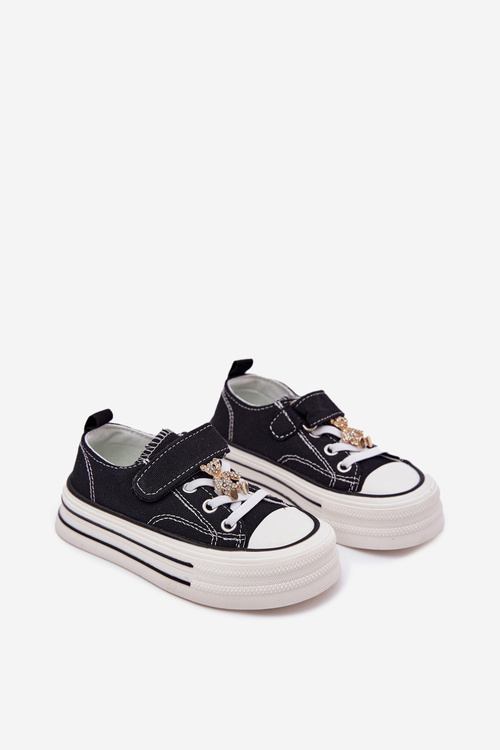 Dziewczęce Trampki Ze Złotą Przypinką Miś Czarne Solena