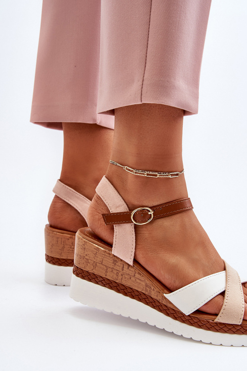 Sandały Na Koturnie Z Paskami Beżowe Kioda