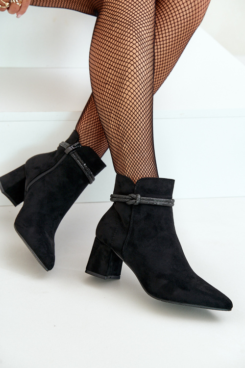 Botki Damskie Eko Zamszowe Na Słupku Z Noskami W Szpic Czarne Terivannes