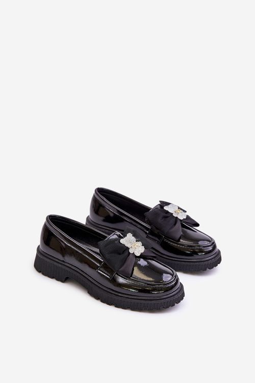 Lakierowane Mokasyny Dziewczęce Z Kokardą Eko Skórzane Czarne Avallesa