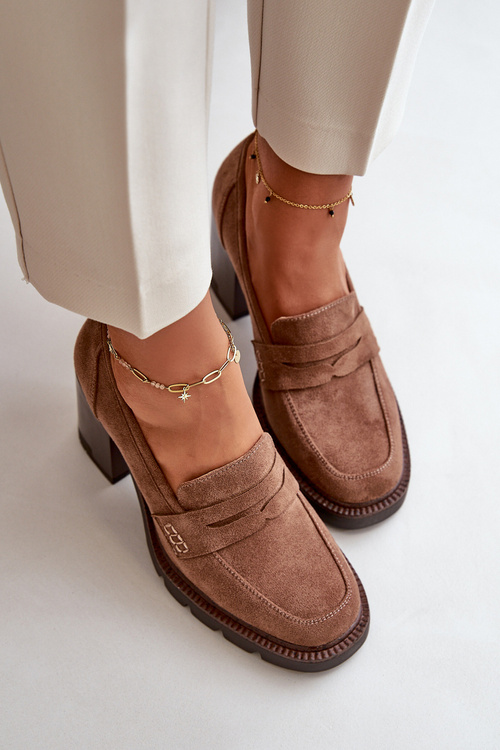 Półbuty Damskie Na Obcasie Słupku Z Eko Zamszu Brązowe Vinceza 58105