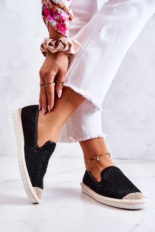 Damskie Materiałowe Espadryle Z Cyrkoniami Czarne Deimos