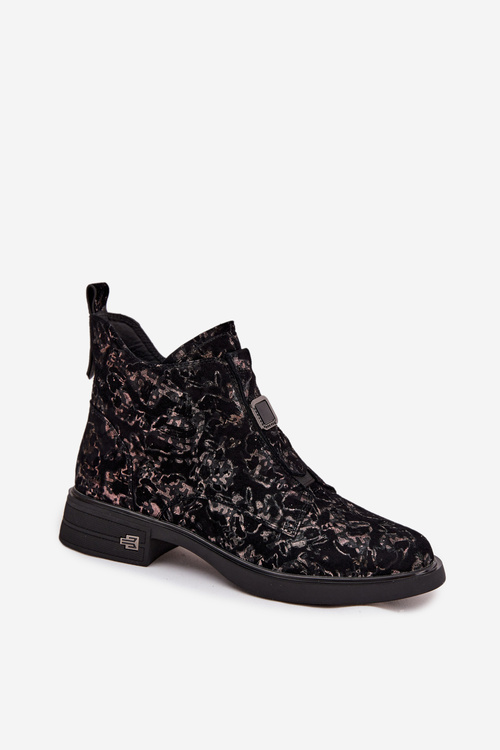 Botki Z Naturalnego Zamszu Na Niskim Obcasie D&A CR52-713 Czarno-Brązowe