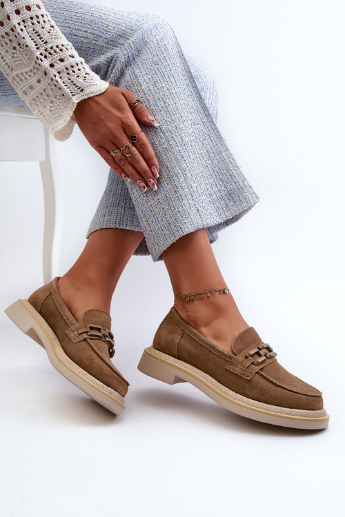 Mokasyny Damskie Zamszowe Na Płaskim Obcasie Z Ozdobą D&A TW101 Brązowe