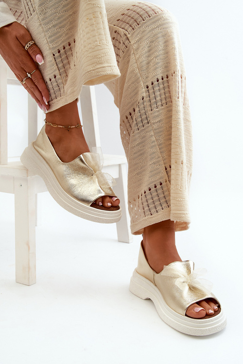 Zazoo 2939 Skórzane Sandały Damskie Z Kokardką Złote