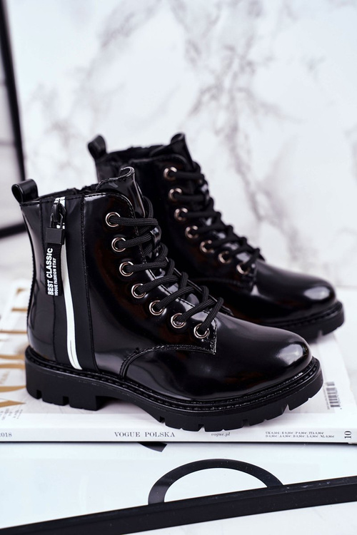 Dziecięce Botki Ocieplane z Suwakiem Lakierowane Czarne Falkon