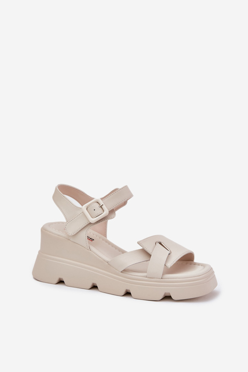 Skórzane Sandały Damskie Na Koturnie Artiker 54C1624 Beżowe