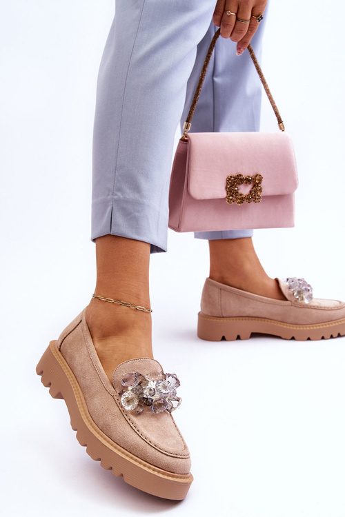 Modne Zamszowe Mokasyny Z Kryształkami Beżowe Demeris