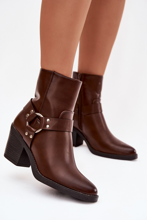 Ocieplane Botki Damskie Na Słupku Z Ozdobnym Elementem Brązowe Jurelle