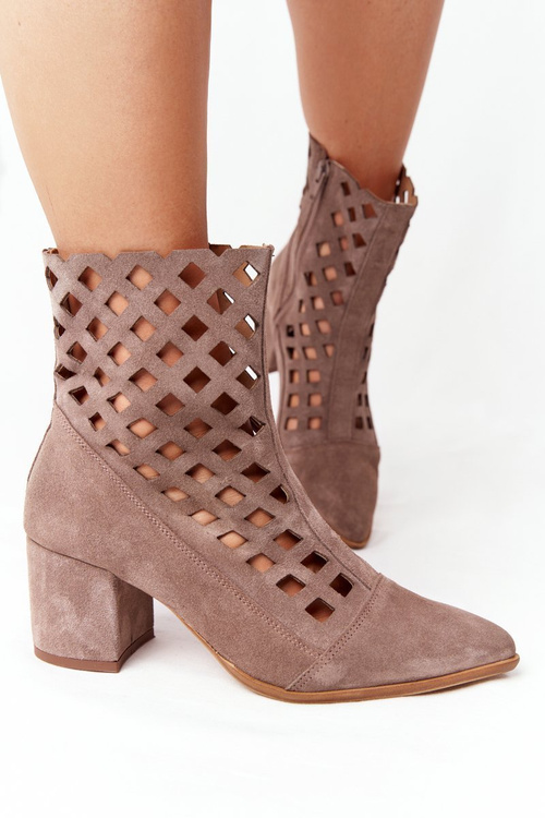 Zamszowe Ażurowe Botki Na Obcasie Nicole 2638 Brązowe