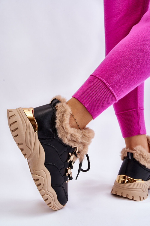 Damskie Ocieplane Buty Sportowe Sznurowane Czarno Beżowe Kerberos