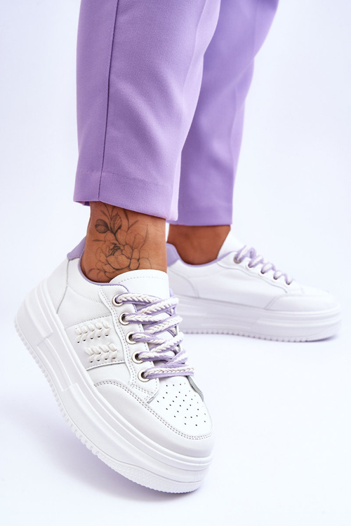 Modne Damskie Sneakersy Na Platformie Biało-Fioletowe Claribel
