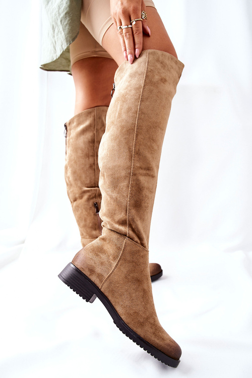 Kozaki Damskie Płaskie Zamszowe Beżowe Ardmore