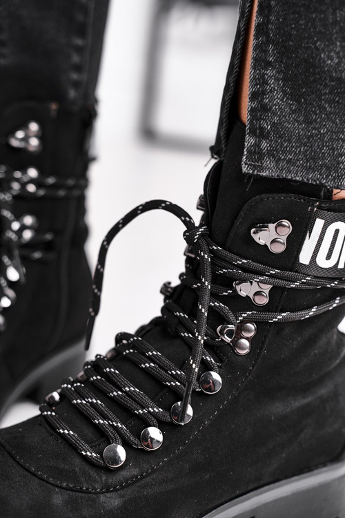 Botki Damskie Płaski Obcas Na Suwak Czarne Popsi