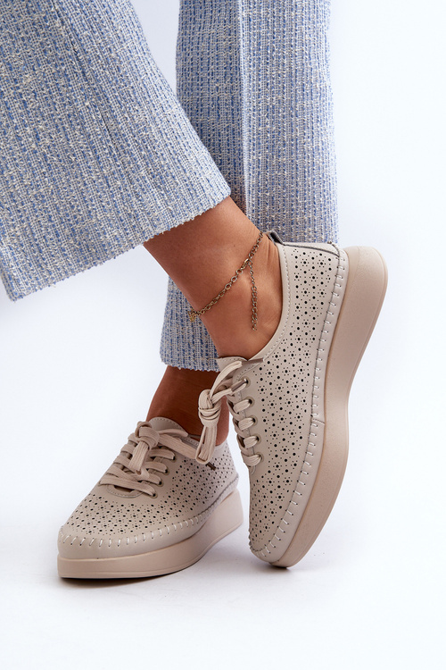 Skórzane Sneakersy Na Platformie S.Barski LR278 Beżowe