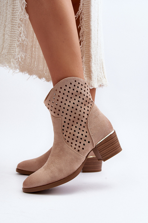 Ażurowe Botki Na Niskim Obcasie Beżowe Cilvana
