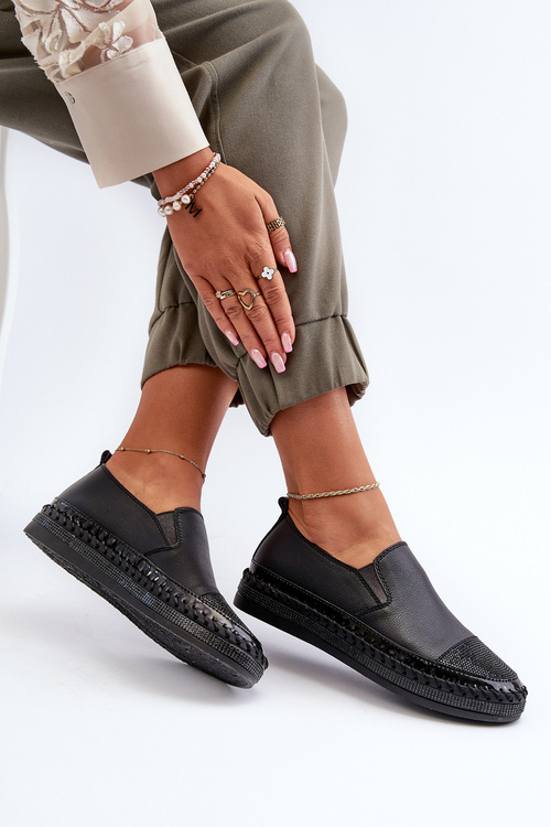 Skórzane Półbuty Damskie Na Platformie Czarne D&A LR370