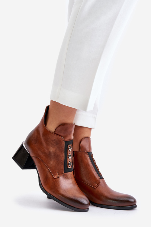 Zazoo 60504 Skórzane Botki Na Klocku Ocieplane Brązowe