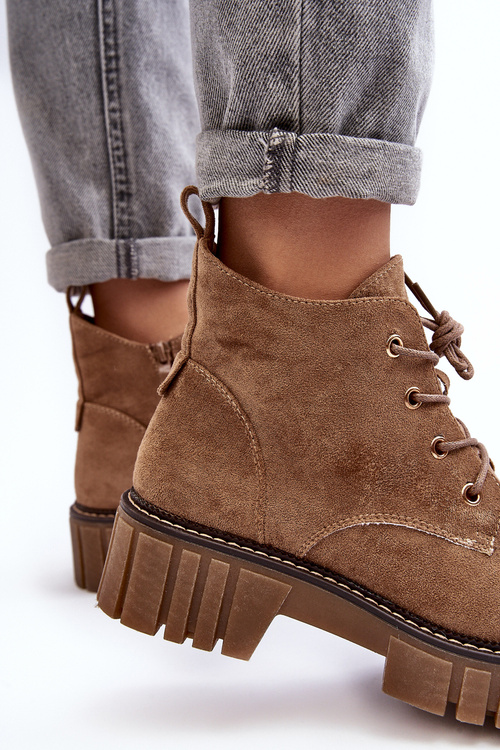 Zamszowe Ocieplane Botki Sznurowane Ciemnobeżowe Bjorg