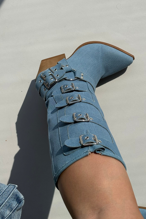 Kozaki Kowbojki Na Słupku Z Klamrami Jeansowe Fivelle