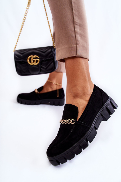 Zamszowe Półbuty Z Łańcuszkiem Czarne Anne