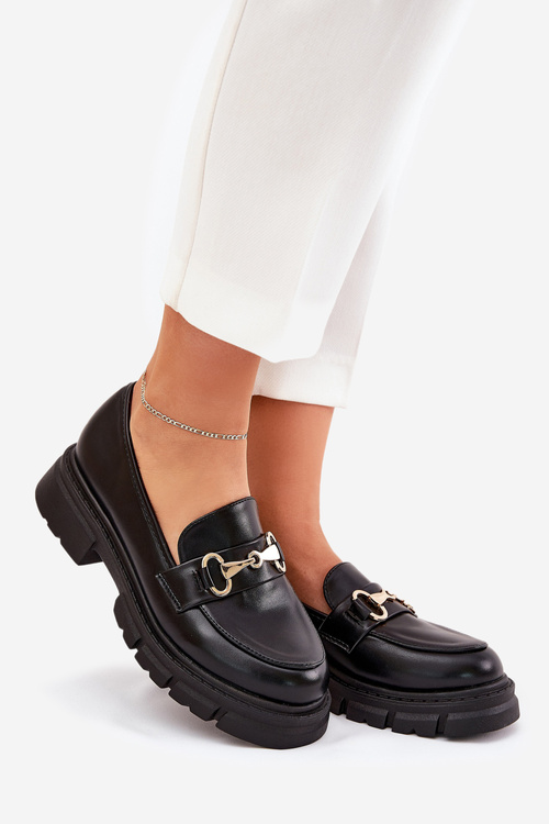 Damskie Mokasyny Ze Złotym Detalem Eko Skórzane Czarne Gemitha