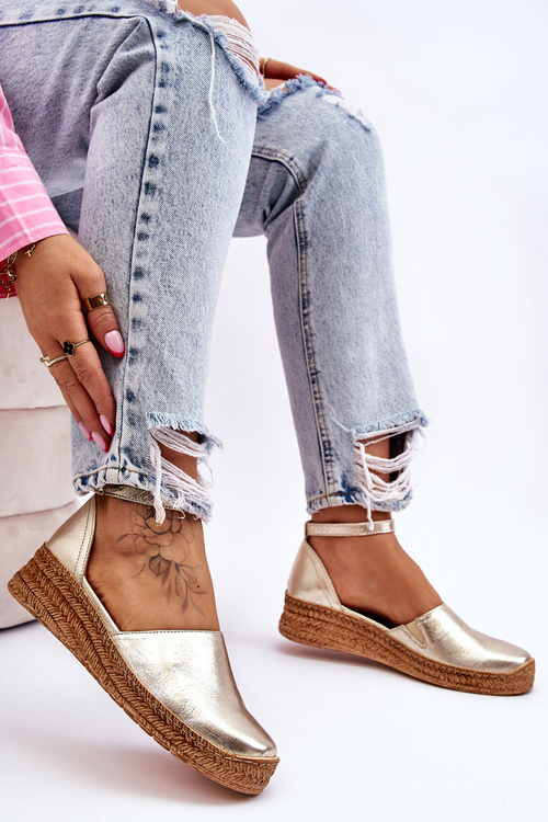 Damskie Skórzane Espadryle Sandały Złote Moise