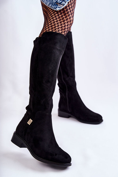 Zamszowe Kozaki Na Płaskim Obcasie Czarne Giulia