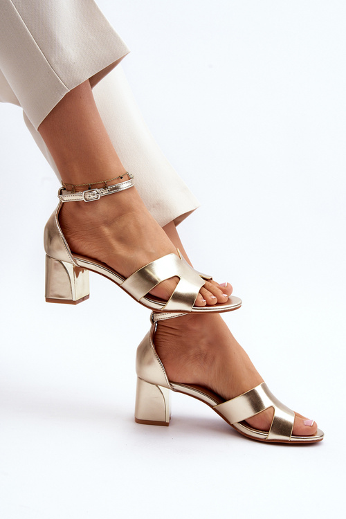 Sandały Damskie Na Obcasie Klocku Złote Irivana