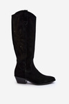  Zazoo 2909 Zamszowe Kozaki Ażurowe Na Niskim Obcasie Czarne