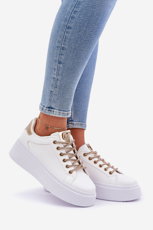Sneakersy Na Platformie Z Ozdobnymi Sznurówkami Biało-Złote Fonetha