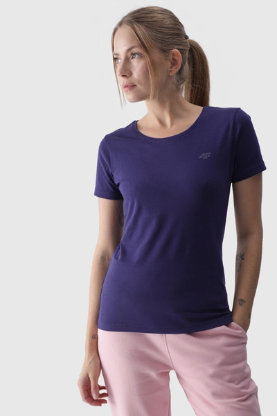 Damski Gładki T-Shirt Z Logo Granatowy 4F 4FWMM00TTSHF1845-31S