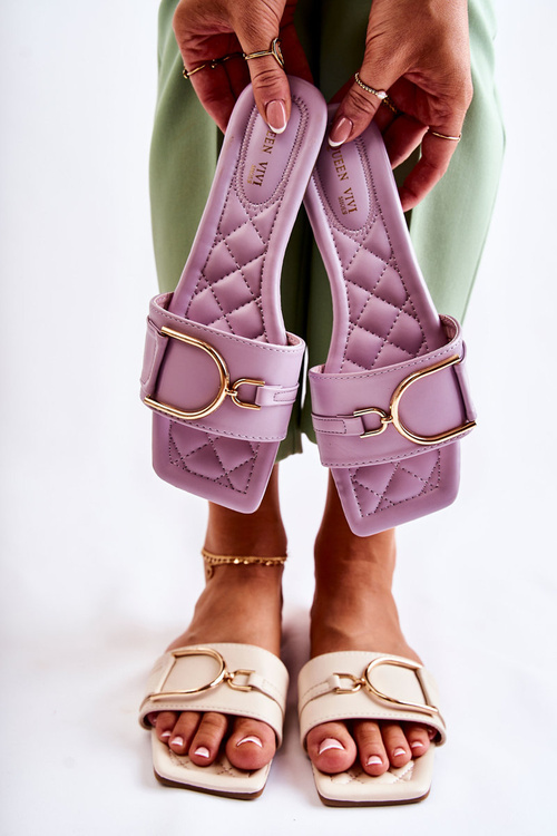 Damskie Skórzane Klasyczne Klapki Z Ozdobą Fioletowe Shilla