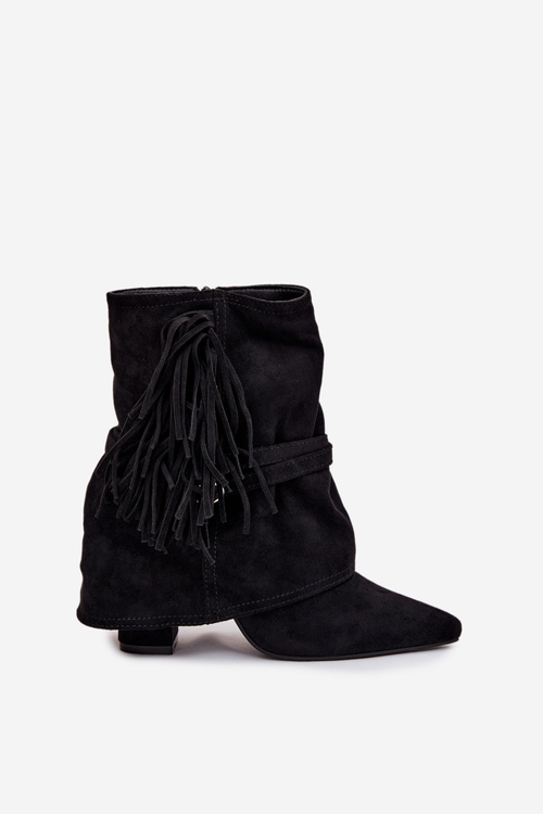 Botki Damskie Na Słupku Z Frędzlami I Złotymi Klamrami Czarne Evelisse