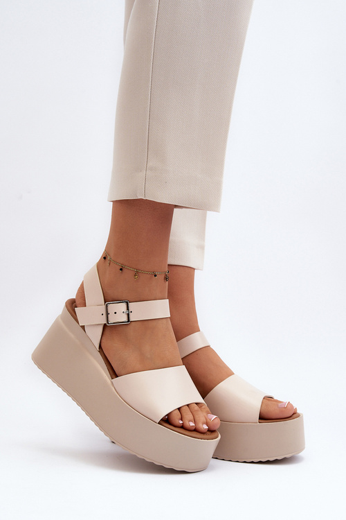 Damskie Sandały Na Koturnie Beżowe Geferia