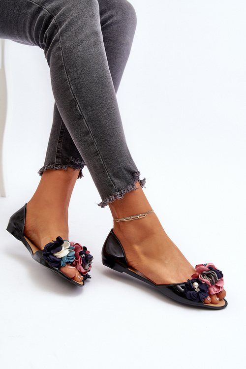 Baleriny Damskie Gumowe Z Kwiatami Czarne Junikla