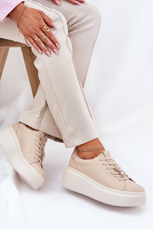 Skórzane Buty Sportowe Damskie Na Platformie Z Przypinką Vinceza 39922 Beżowe