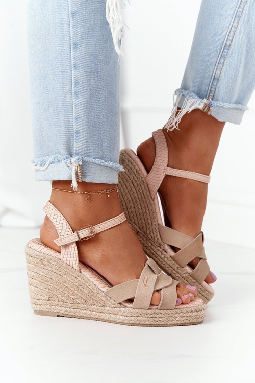 Skórzane Sandały Na Koturnie Big Star HH274380 Beżowe