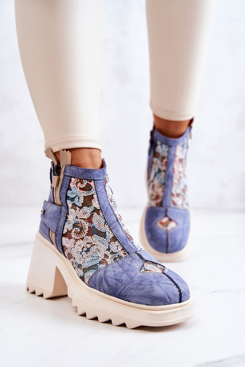 Skórzane Botki Na Masywnym Słupku Maciejka Niebieskie 05325-06