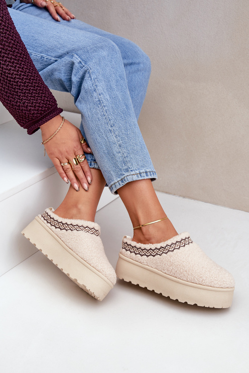 Śniegowce Kapcie Na Platformie Z Futerkiem Typu Baranek Jasnobeżowe Leaniella